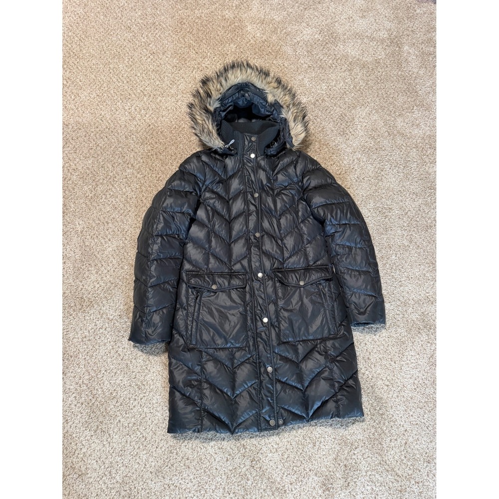 Lands End Puffer Parka Womens Small Black Down Faux Fur Hood Chevron Quilt Coat